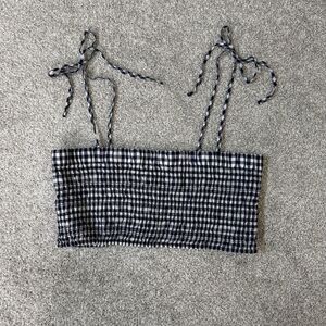 J Crew Smocked Gingham Crop Top Womens Medium Navy Blue White Check Cotton Tie